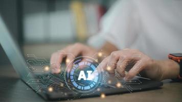 Technology and people concept woman use AI to help work, AI Learning and Artificial Intelligence Concept. Business, modern technology, internet and networking concept. AI technology in everyday life. photo