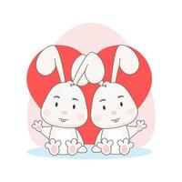 Cute bunnies with red heart isolated on white background. vector