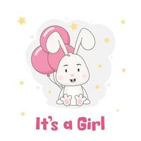 It's a girl. Cute rabbit character with pink balloons and stars isolated on white background. Bunny vector illustration.