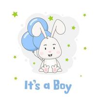 It's a boy. Cute rabbit character with blue balloons isolated on white background. vector