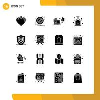 Group of 16 Solid Glyphs Signs and Symbols for secure locked game gdpr intelligent home Editable Vector Design Elements