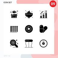 Group of 9 Solid Glyphs Signs and Symbols for aperture radiator business hot battery Editable Vector Design Elements