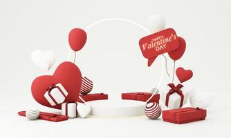 Valentines day background with balloons love heart pattern and gift box with geometric shape. Valentine's day pink background, Abstract mock up with product stand for wedding card. cartoon 3d render photo