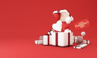 Valentines day background with balloons love heart pattern and gift box with geometric shape. Valentine's day pink background, Abstract mock up with product stand for wedding card. cartoon 3d render photo