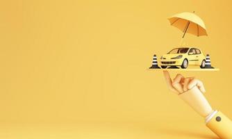 Car protection and safety assurance concept, car insurance web banner design. yellow cars under the umbrella with traffic cone and business hand on yellow background. cartoon realistic 3d rendering photo