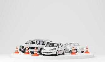 Car protection and safety assurance concept, car insurance web banner design. white automobile cars on podium with traffic cone isolated on white background. cartoon realistic 3d rendering photo