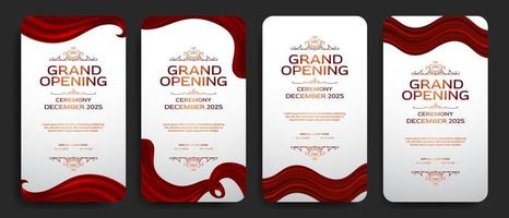 Grand opening elegant luxury banner social media story template with red curtain, silk swirl, white background vector