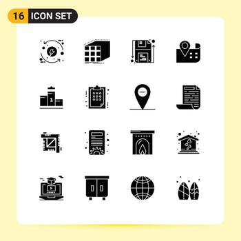 conjunto de glifos sólidos de interfaz móvil de 16 pictogramas de mapa dimensional de navegación de pedestal guardar elementos de diseño vectorial editables vector