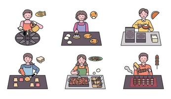 Korean street food. People who cook a variety of foods. Taiyaki, hotteok, waffles, toast, tteokbokki, chicken skewers. vector