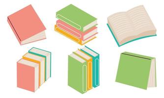 Set of books for reading, literature, dictionaries, encyclopedias, planners with bookmarks. vector