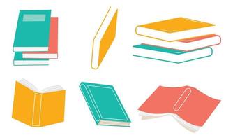 Set of books for reading, literature, dictionaries, encyclopedias, planners with bookmarks. vector