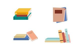 Set of books for reading, literature, dictionaries, encyclopedias, planners with bookmarks. vector