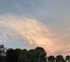 hermosa tarde al cielo del atardecer sobre el bosque o el paisaje del parque. cielo azul y naranja con foto de nubes. paisaje relajante al aire libre.