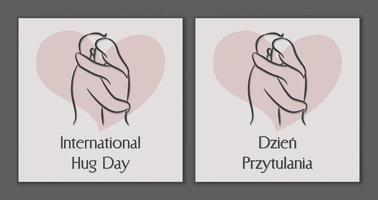 International hugging day. Hug day. Hugging couple outline. Polish and english. vector