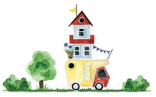 horizontal watercolor drawing, border with motorhome, car. theme moving, travel, camping. funny children's drawing vector