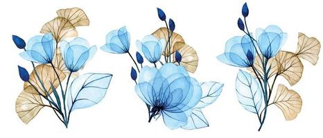 ilustración de acuarela conjunto de ramos de flores transparentes. flores azules y hojas de ginkgo. dibujo delicado, rayos x vector