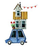 watercolor drawing. rooftop car. cute children's illustration on the theme of travel, moving, camping vector