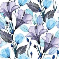 watercolor seamless pattern with transparent hibiscus flowers. delicate print with gray and blue flowers and leaves. x-ray vector