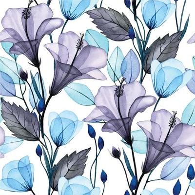 watercolor seamless pattern with transparent hibiscus flowers. delicate print with gray and blue flowers and leaves. x-ray