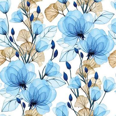 watercolor illustration. seamless pattern of transparent flowers. blue flowers and ginkgo leaves. delicate drawing, print, x-ray