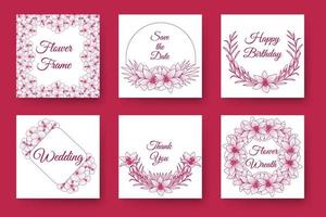 flowers and floral wreath wedding invitation frame design with elegant viva magenta backgrounds vector