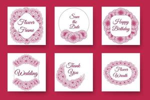 flowers and floral wreath wedding invitation frame design with elegant viva magenta backgrounds vector