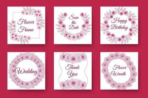 diseño de corona de flores y diseño de marco floral con elegante borde de flores de tarjeta de invitación de boda