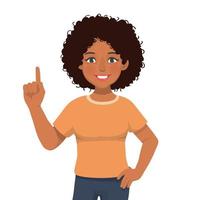 Happy young African woman with hand on waist showing presenting pointing finger to copy space for product advertisements vector