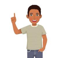 Happy young African man with hand in the pocket showing presenting pointing finger to copy space for product advertisements vector