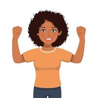 Happy young African woman showing her fists and arm muscle confidence proud winning gesture vector