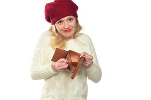 poor woman hand open empty purse looking for money having problem bankrupt broke after credit card payday photo