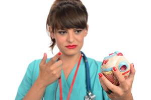 Female doctor holding open human heart model photo