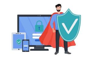 Cyber safety cyber security and privacy concept. The hero man holding online protection shield as symbol of defense and secure. Person defending and protecting data. Vector illustration.