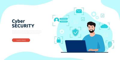 Cyber security or web security web banner or landing page. Cyber safety and privacy concept. A man sits at a computer work analytical activities. Internet security information. Vector illustration.