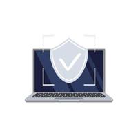 Laptop screen and online cyber security shield. Vector illustration. Concept of Security, Personal Access, User Authorization, Internet and Data Protection, Cybersecurity.