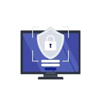 Computer screen and online cyber security shield. Vector illustration. Concept of Security, Personal Access, User Authorization, Internet and Data Protection, Cybersecurity.