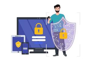 Cyber safety cyber security and privacy concept. Man holding online protection shield as symbol of defense and secure. Person defending and protecting data. Vector illustration.