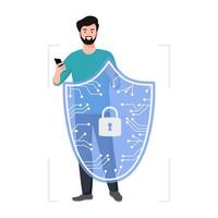 Cyber safety cyber security and privacy concept. Man holding online protection shield as symbol of defense and secure. Person defending and protecting data. Vector illustration.