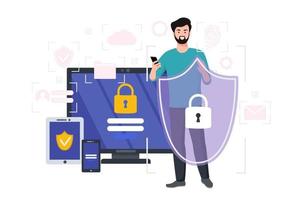 Cyber safety cyber security and privacy concept. Man holding online protection shield as symbol of defense and secure. Person defending and protecting data. Vector illustration.