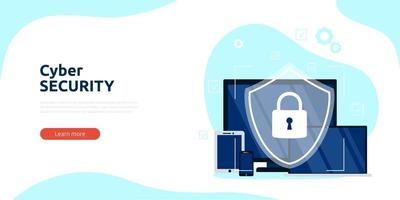 Cyber security or web security web banner or landing page. Cyber safety and privacy concept. Internet security information. Vector illustration.