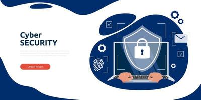 Cyber security or web security web banner or landing page. Cyber safety and privacy concept. Hands at work behind a laptop keyboard. Internet security information. Vector illustration.