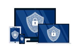 seguridad cibernética seguridad cibernética y concepto de privacidad. manos en el trabajo detrás de un teclado portátil. escudo de seguridad cibernética en pantalla. persona que defiende y protege los datos. ilustración vectorial vector