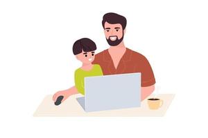 A young father and son are working at a laptop while sitting at a table. Happy father, a man, teaches his little son how to use a laptop and the Internet. Flat vector illustration.