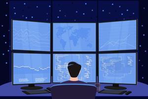 A man sits at a computer at night, view from the back, work at night at the monitors, analytical activities in the dark, without light. Cyber security, trader, business, programmer concept. vector