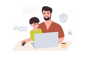 A young father and son are working at a laptop while sitting at a table. Happy father, a man, teaches his little son how to use a laptop and the Internet. Flat vector illustration.