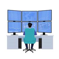 un hombre se sienta en una computadora, ve desde atrás, trabaja en los monitores, actividades analíticas. seguridad cibernética, comerciante, negocio, concepto de programador. vector