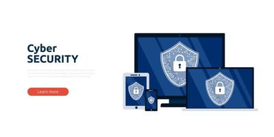 Cyber security or web security web banner or landing page. Cyber safety and privacy concept. Internet security information. Vector illustration.