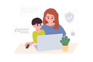 Young mother and son have fun on the Internet while sitting at the table. Happy mom, nanny, teaching little son how to use laptop and internet. Flat vector illustration.