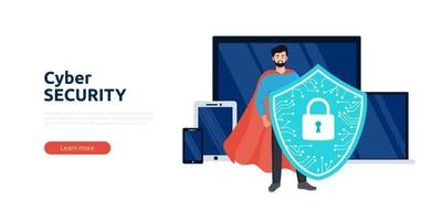 Cyber security or web security web banner or landing page. The hero man holding online protection shield as symbol of defense and secure. Cyber safety and privacy concept. Vector illustration.