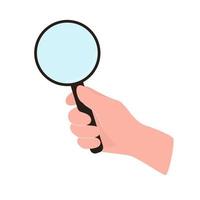 The hand is holding a magnifying glass. Vector illustration in flat design isolated on white background.